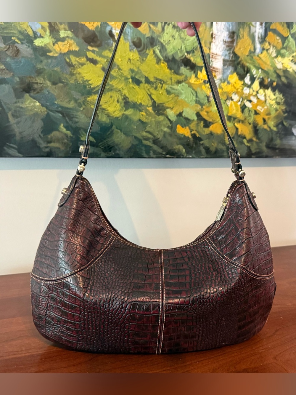 Liz Claiborne Y2K Genuine Leather Croc Embossed Hobo Bag // Brick Red 🍁🐊